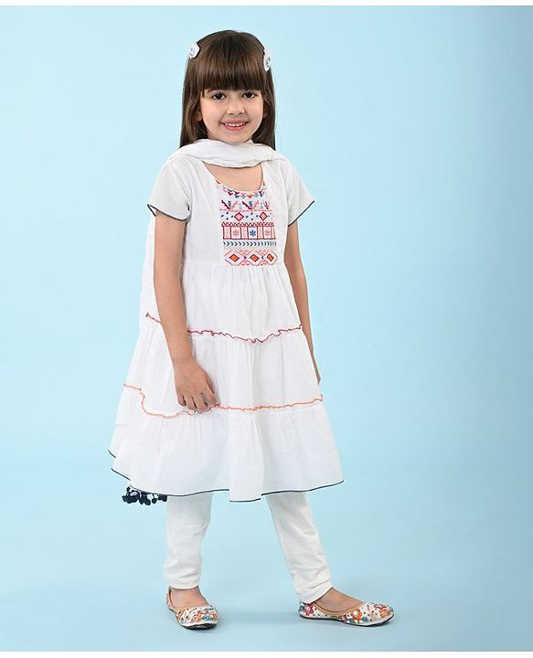 Babyhug Cotton Embroidered Half Sleeves Kurta & Knit Churidar Set With Crush Dupatta - White