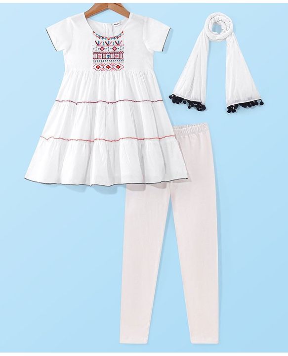 Babyhug Cotton Embroidered Half Sleeves Kurta & Knit Churidar Set With Crush Dupatta - White
