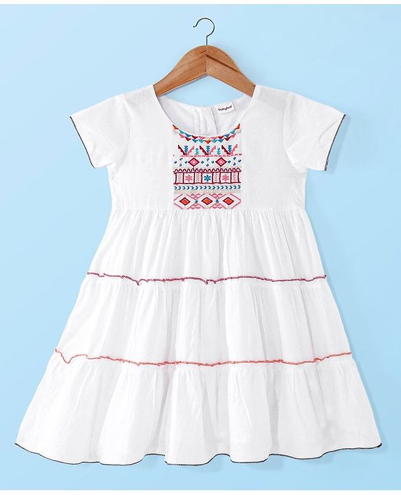 Babyhug Cotton Embroidered Half Sleeves Kurta & Knit Churidar Set With Crush Dupatta - White