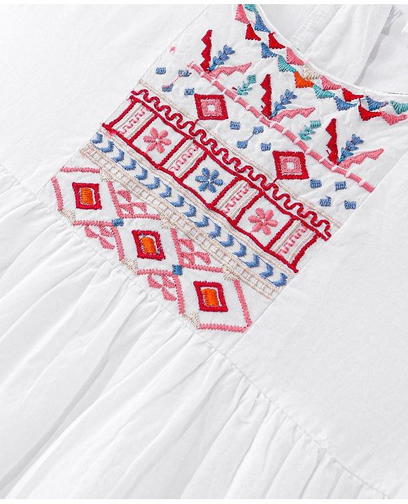 Babyhug Cotton Embroidered Half Sleeves Kurta & Knit Churidar Set With Crush Dupatta - White