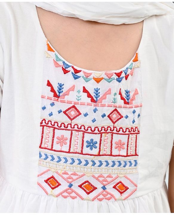 Babyhug Cotton Embroidered Half Sleeves Kurta & Knit Churidar Set With Crush Dupatta - White