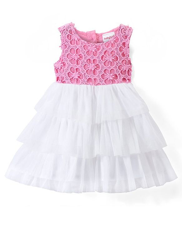 Babyhug Woven Sleeveless Frock with                                                                      Frill &  Floral Lace - Pink