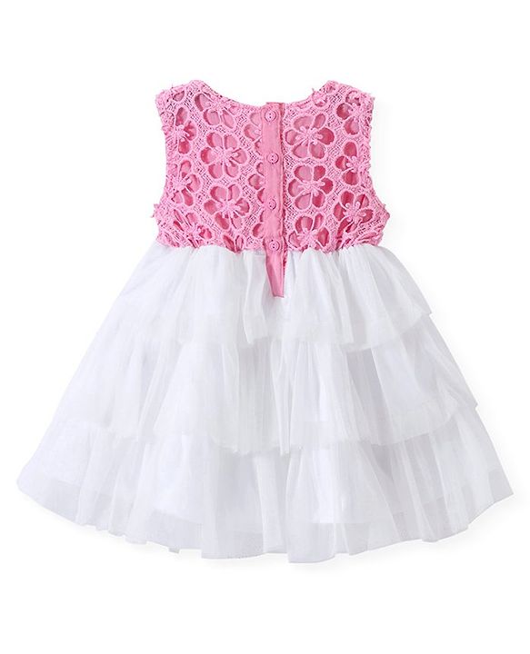 Babyhug Woven Sleeveless Frock with                                                                      Frill &  Floral Lace - Pink