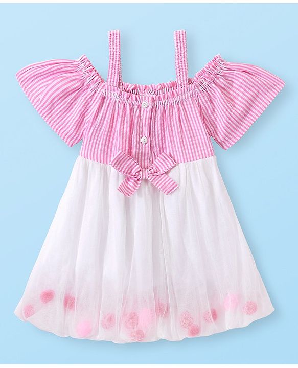 Babyhug Woven Half Sleeves Off Shoulder Striped Frock With Mesh Overlay & Bow - Pink