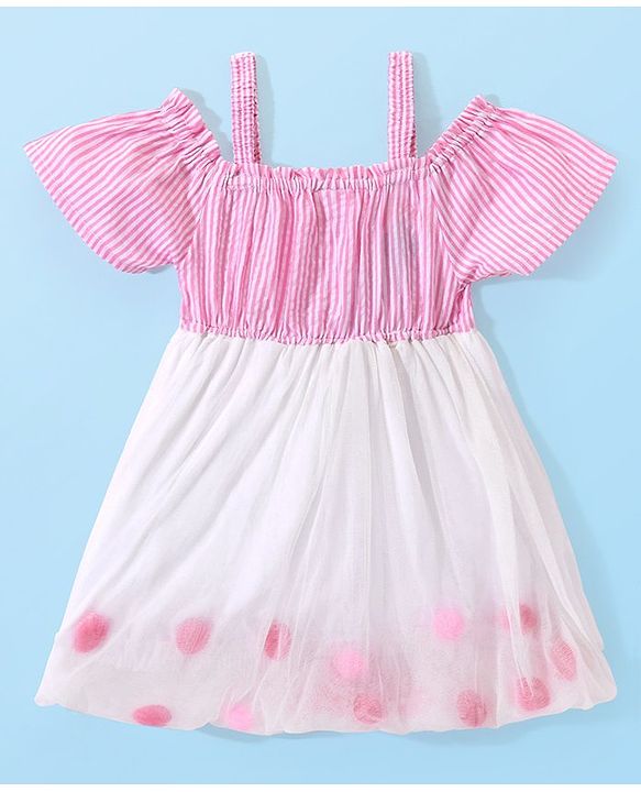 Babyhug Woven Half Sleeves Off Shoulder Striped Frock With Mesh Overlay & Bow - Pink