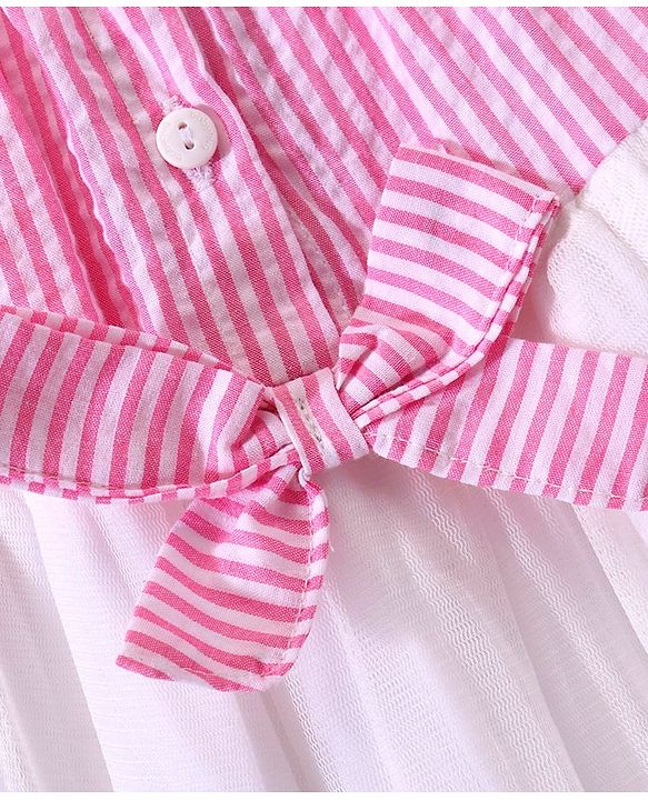 Babyhug Woven Half Sleeves Off Shoulder Striped Frock With Mesh Overlay & Bow - Pink