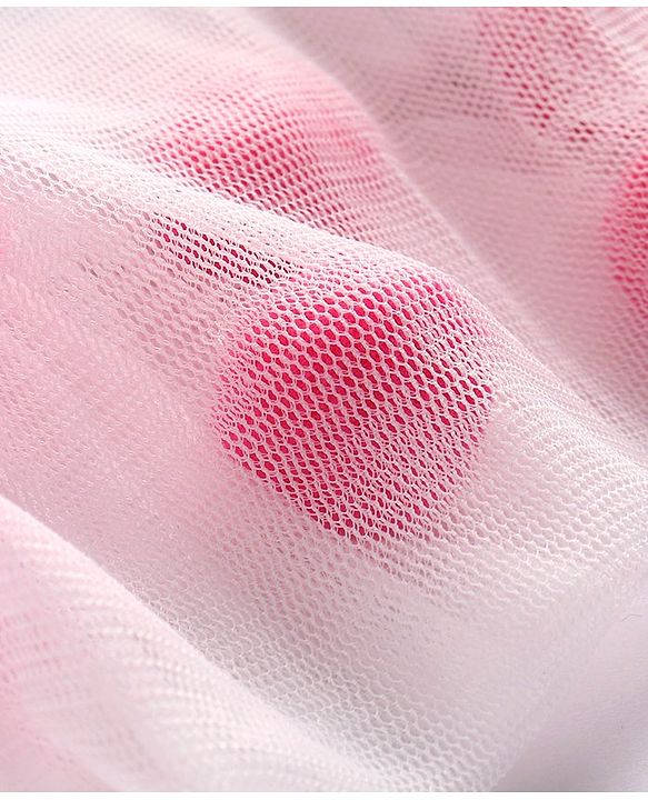 Babyhug Woven Half Sleeves Off Shoulder Striped Frock With Mesh Overlay & Bow - Pink