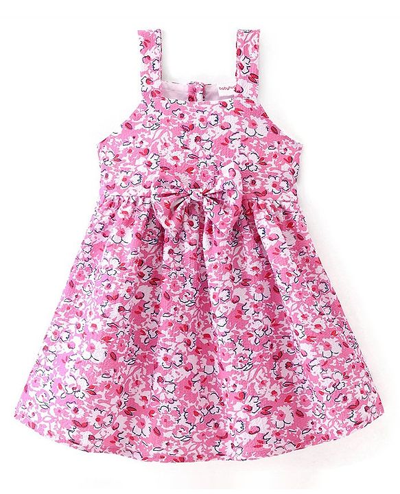 Babyhug Woven Sleeveless Frock with Floral Print & Bow Applique - Pink