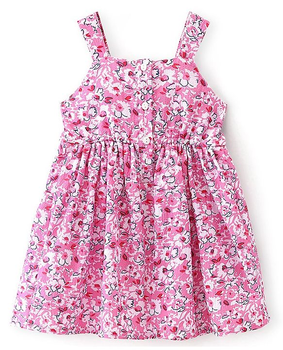Babyhug Woven Sleeveless Frock with Floral Print & Bow Applique - Pink