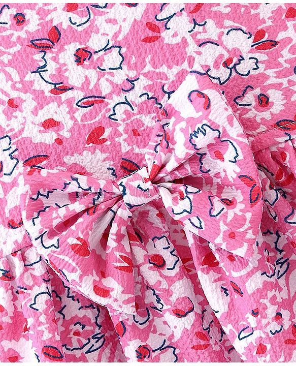 Babyhug Woven Sleeveless Frock with Floral Print & Bow Applique - Pink