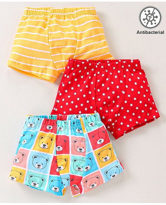 Babyhug 100% Cotton Knit Antibacterial Trunks Teddy Print Pack of 3 - Yellow Red & Blue
