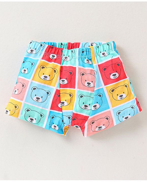 Babyhug 100% Cotton Knit Antibacterial Trunks Teddy Print Pack of 3 - Yellow Red & Blue