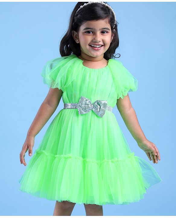 Babyhug Woven Cap Sleeves Party Wear Tiered Dress with Bow Applique - Neon Green