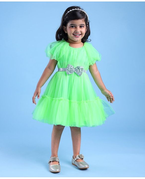 Babyhug Woven Cap Sleeves Party Wear Tiered Dress with Bow Applique - Neon Green