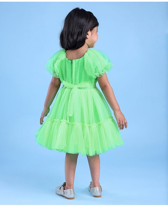Babyhug Woven Cap Sleeves Party Wear Tiered Dress with Bow Applique - Neon Green
