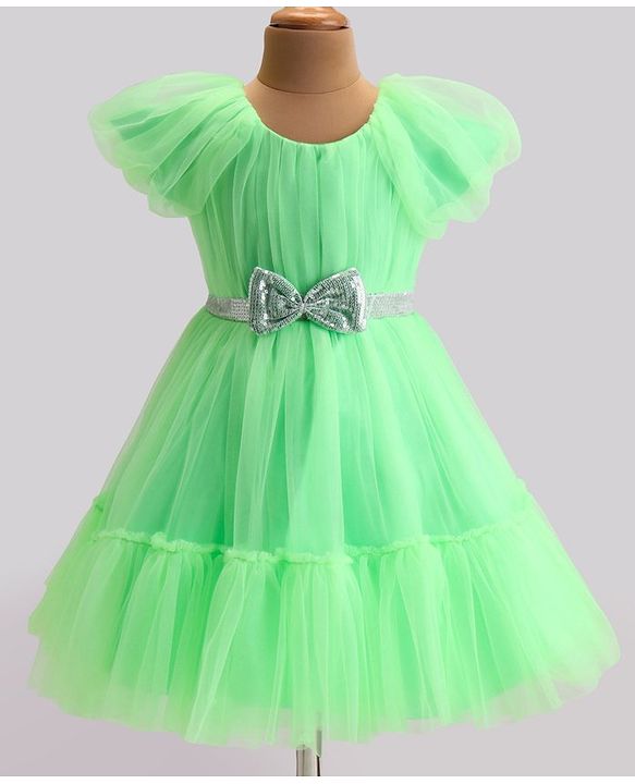 Babyhug Woven Cap Sleeves Party Wear Tiered Dress with Bow Applique - Neon Green