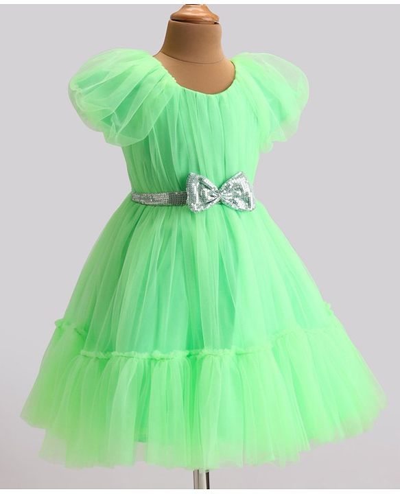 Babyhug Woven Cap Sleeves Party Wear Tiered Dress with Bow Applique - Neon Green