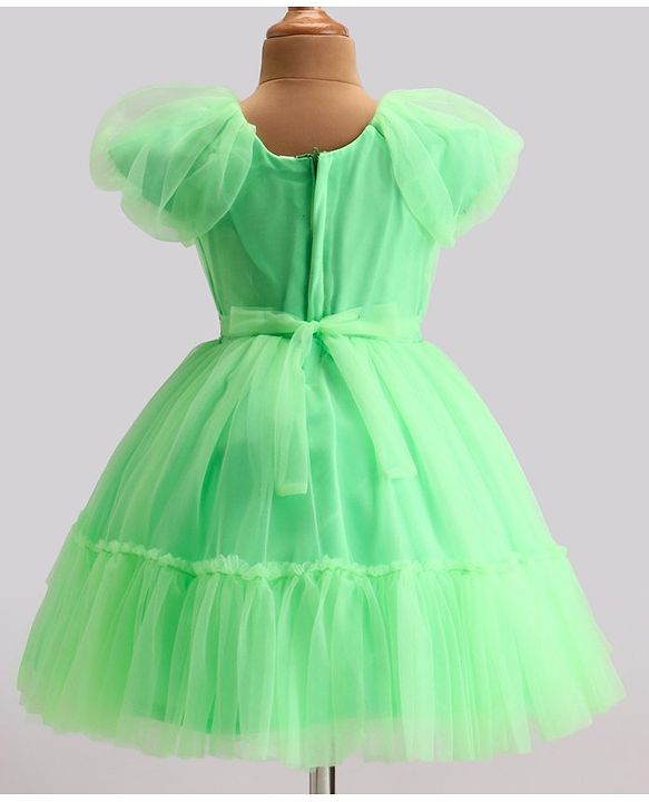 Babyhug Woven Cap Sleeves Party Wear Tiered Dress with Bow Applique - Neon Green