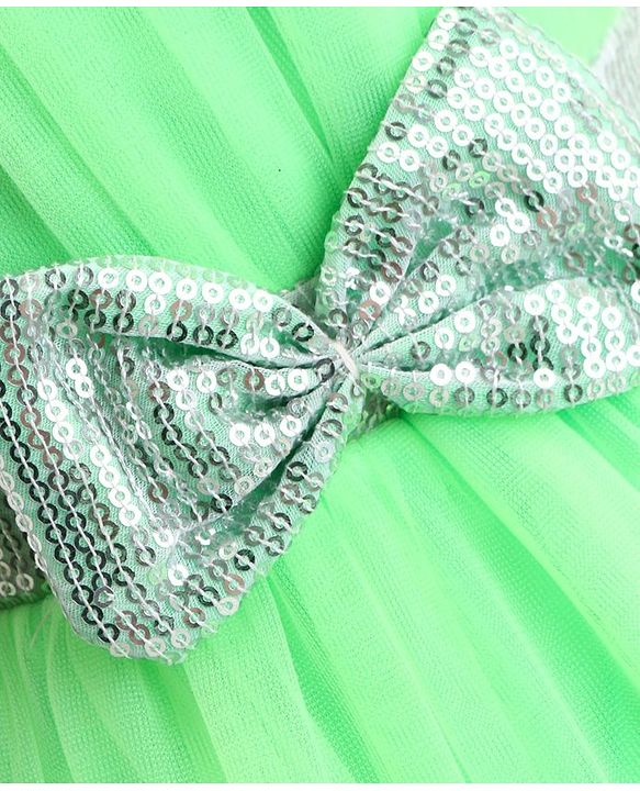 Babyhug Woven Cap Sleeves Party Wear Tiered Dress with Bow Applique - Neon Green