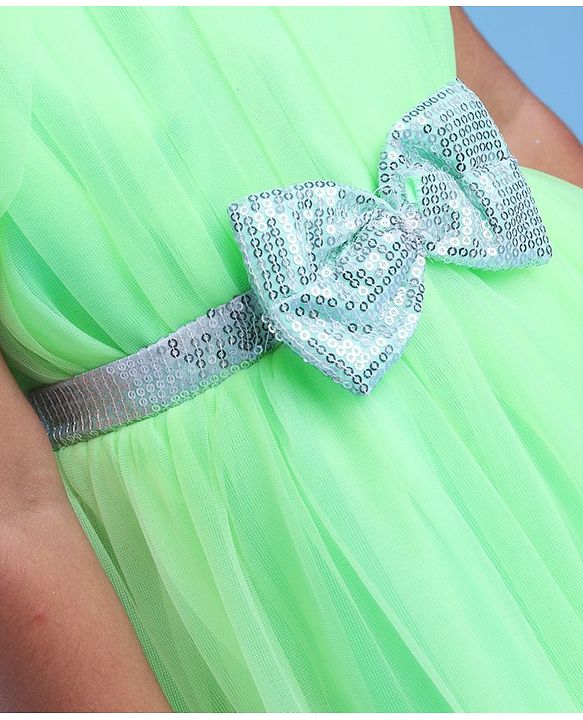 Babyhug Woven Cap Sleeves Party Wear Tiered Dress with Bow Applique - Neon Green
