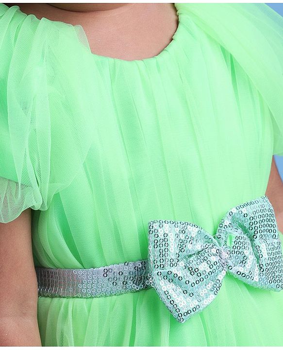 Babyhug Woven Cap Sleeves Party Wear Tiered Dress with Bow Applique - Neon Green
