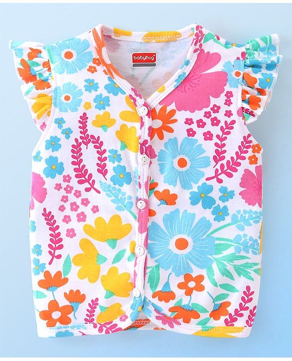 Babyhug 100% Cotton Interlock Knit Frill Sleeves Antibacterial Front Open Vest Stripes & Floral Pack of 2 - Multicolor