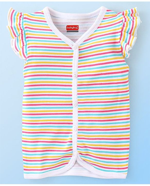 Babyhug 100% Cotton Interlock Knit Frill Sleeves Antibacterial Front Open Vest Stripes & Floral Pack of 2 - Multicolor
