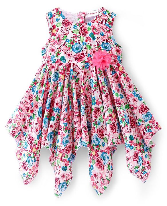 Babyhug 100% Viscose Woven Sleeveless Frock with Floral Print & Applique - Multicolour