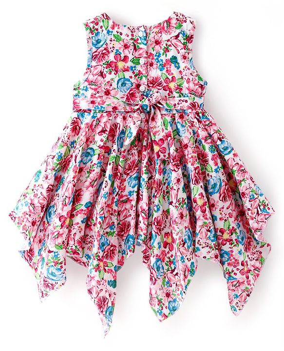 Babyhug 100% Viscose Woven Sleeveless Frock with Floral Print & Applique - Multicolour
