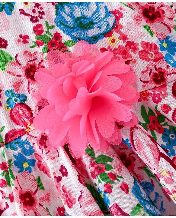Babyhug 100% Viscose Woven Sleeveless Frock with Floral Print & Applique - Multicolour