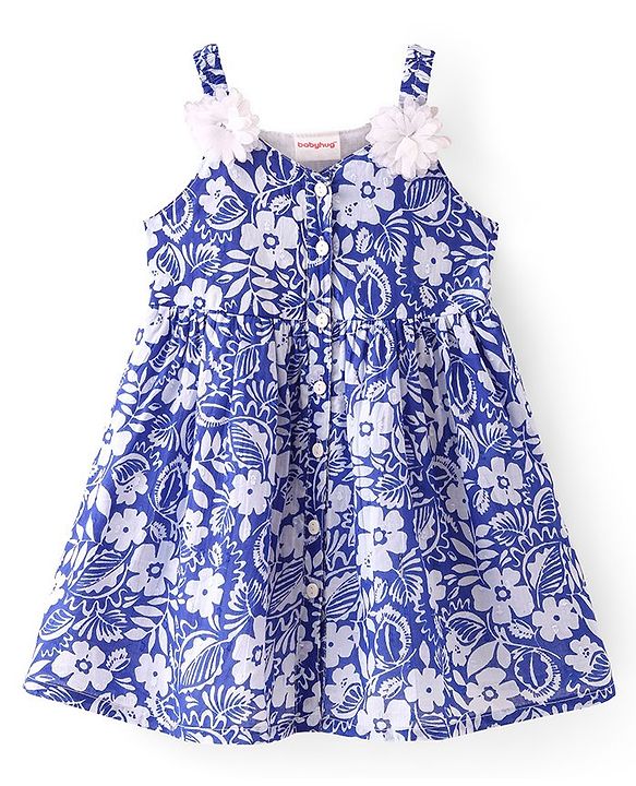Babyhug Cotton Blend Woven Sleeveless Frock Floral Print - Blue