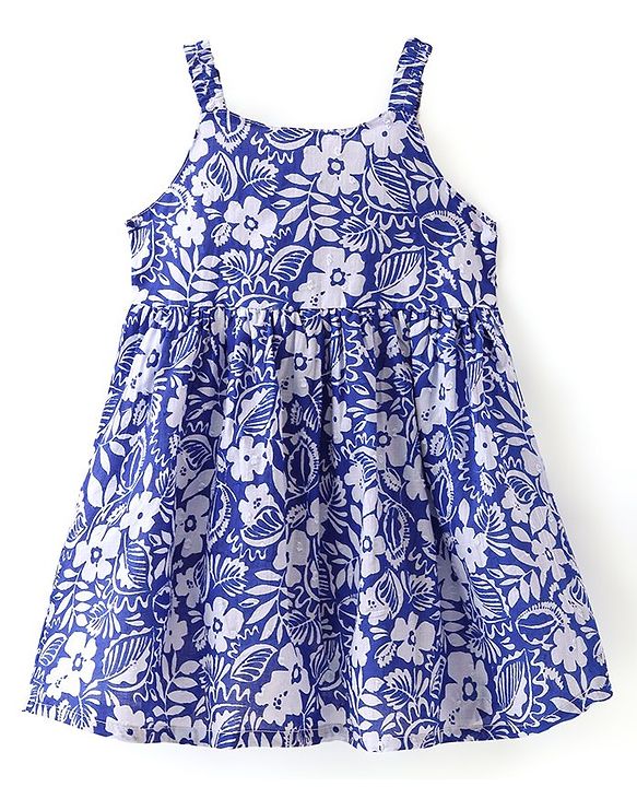 Babyhug Cotton Blend Woven Sleeveless Frock Floral Print - Blue