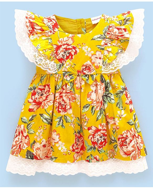 Babyhug 100% Viscose Woven Half Sleeves Frock with Floral Print - Yellow