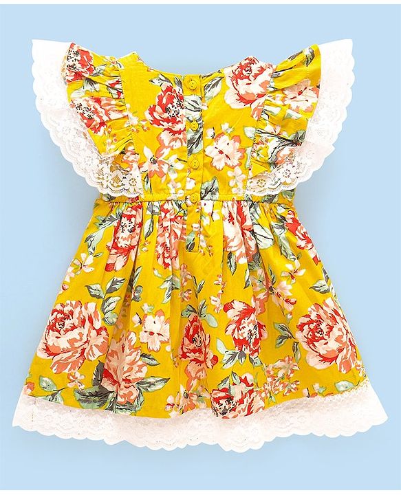 Babyhug 100% Viscose Woven Half Sleeves Frock with Floral Print - Yellow