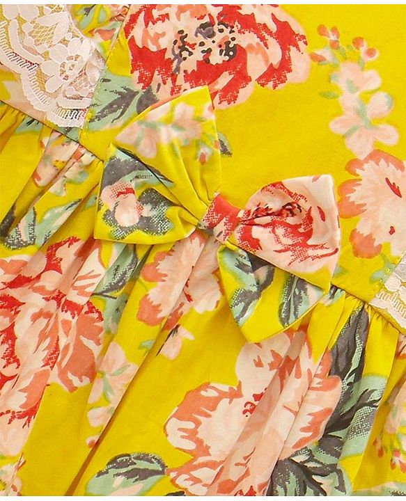 Babyhug 100% Viscose Woven Half Sleeves Frock with Floral Print - Yellow