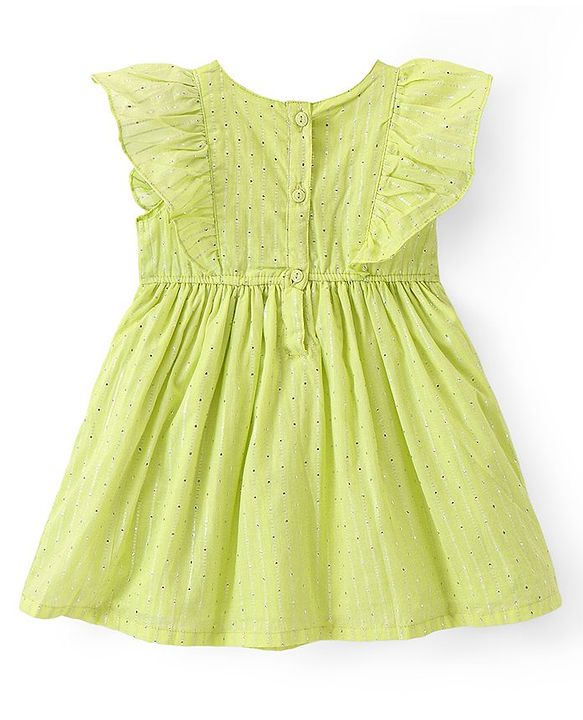 Babyhug Cotton Woven Frill Sleeves Frock with Floral Embroidery - Mint