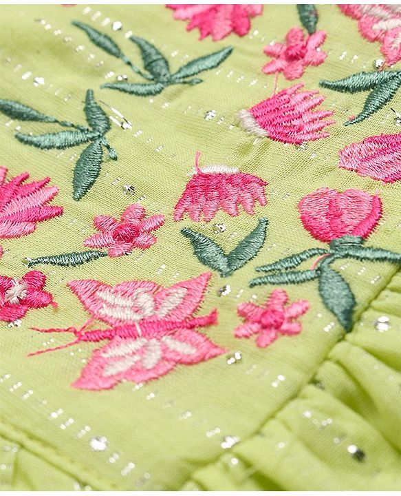 Babyhug Cotton Woven Frill Sleeves Frock with Floral Embroidery - Mint
