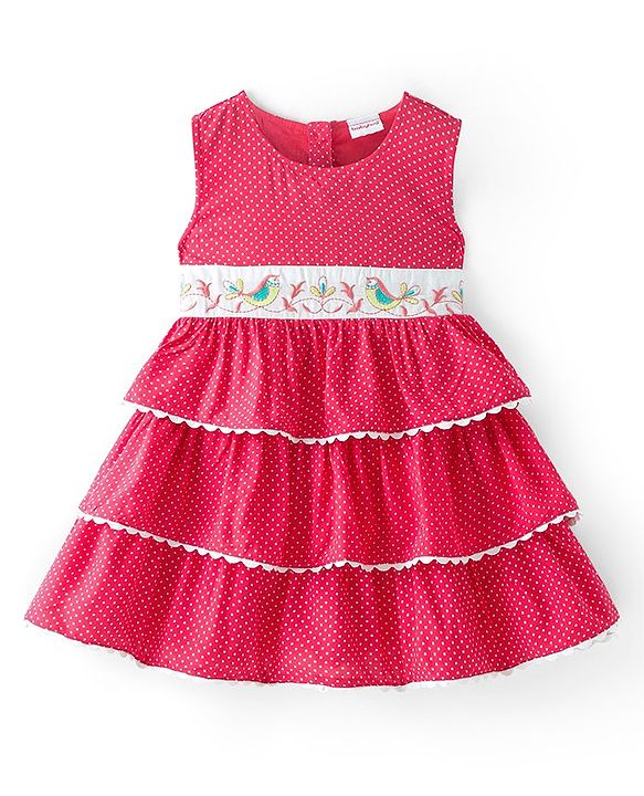 Babyhug Cotton Woven Sleeveless Layered Frock with Polka Dots Print & Bird Embroidery - Red
