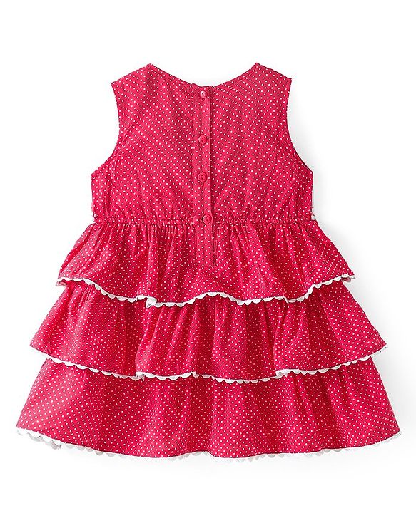 Babyhug Cotton Woven Sleeveless Layered Frock with Polka Dots Print & Bird Embroidery - Red