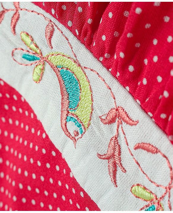 Babyhug Cotton Woven Sleeveless Layered Frock with Polka Dots Print & Bird Embroidery - Red
