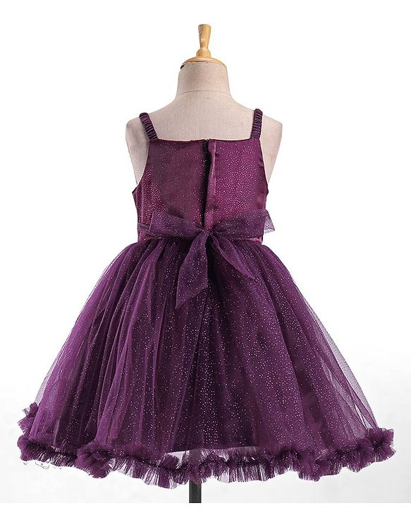 Babyhug Sleeveless Fit and Flare Glittery Party Frock with Bow Applique - Aubergine