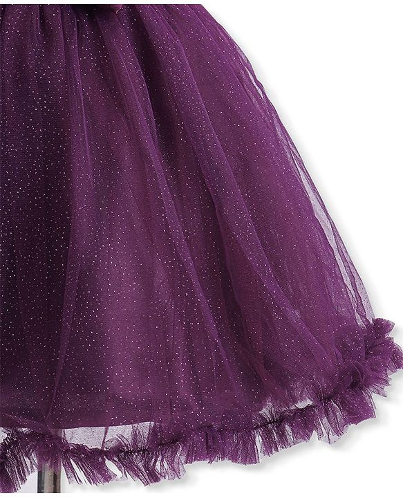 Babyhug Sleeveless Fit and Flare Glittery Party Frock with Bow Applique - Aubergine