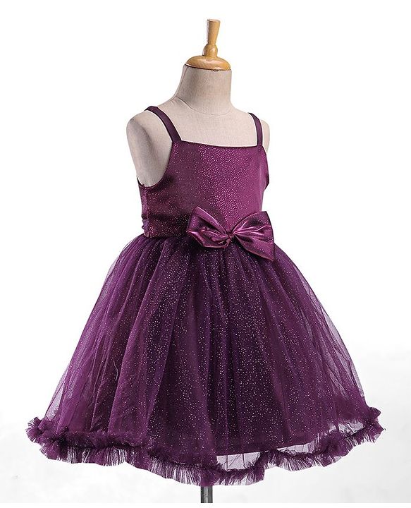Babyhug Sleeveless Fit and Flare Glittery Party Frock with Bow Applique - Aubergine