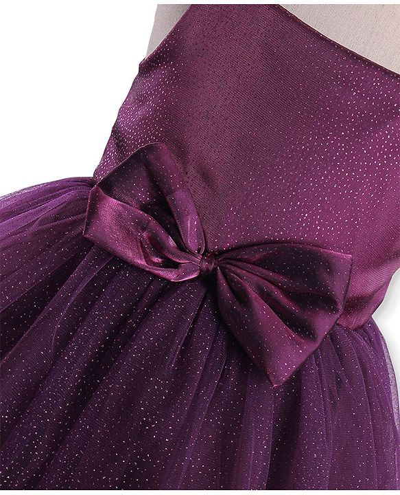 Babyhug Sleeveless Fit and Flare Glittery Party Frock with Bow Applique - Aubergine