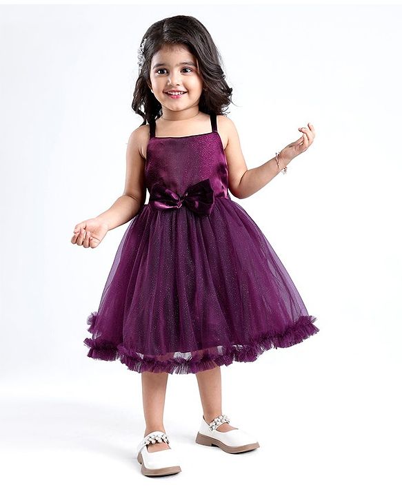 Babyhug Sleeveless Fit and Flare Glittery Party Frock with Bow Applique - Aubergine