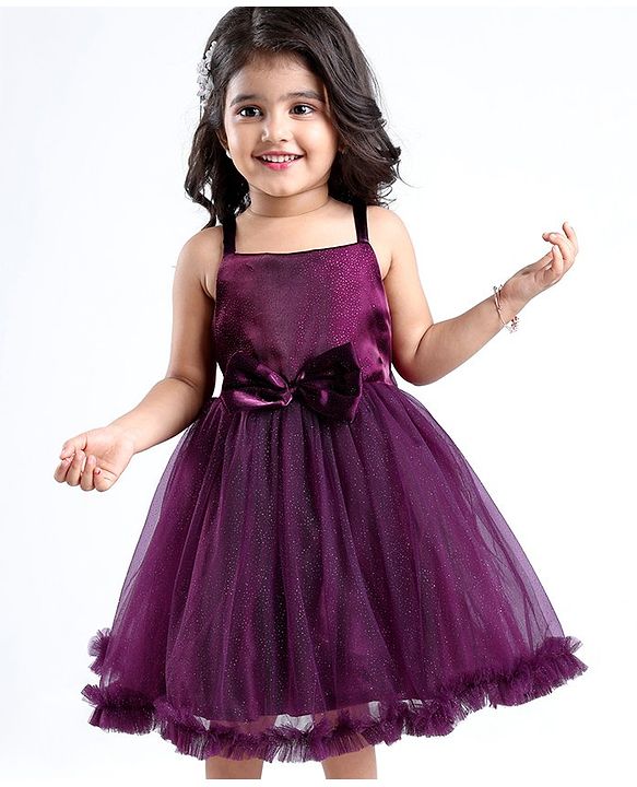 Babyhug Sleeveless Fit and Flare Glittery Party Frock with Bow Applique - Aubergine