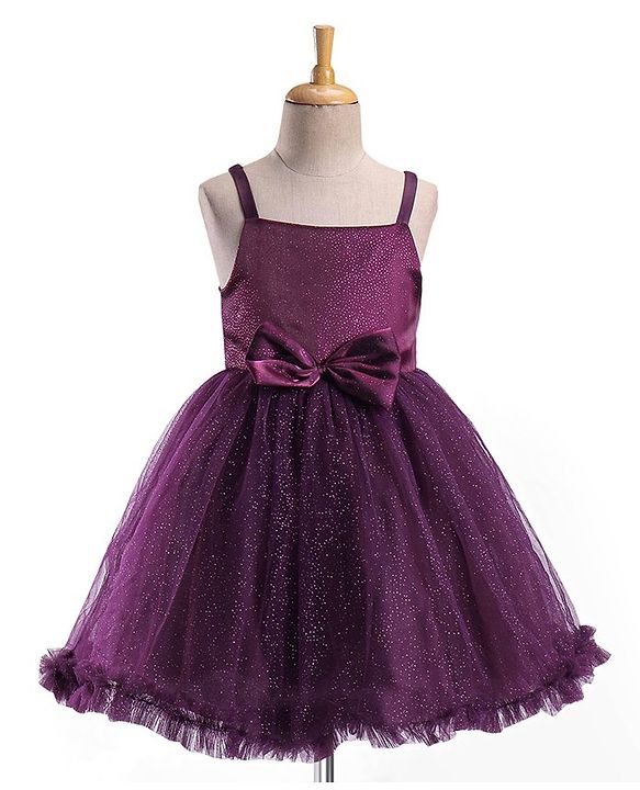 Babyhug Sleeveless Fit and Flare Glittery Party Frock with Bow Applique - Aubergine