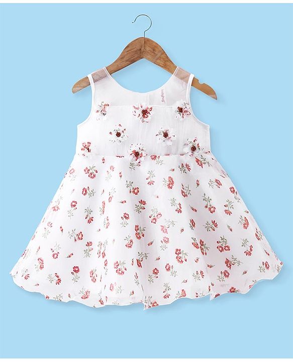 Babyhug Sleeveless Floral Printed & Applique Flared Party Dress - White