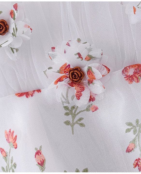 Babyhug Sleeveless Floral Printed & Applique Flared Party Dress - White
