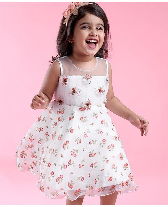 Babyhug Sleeveless Floral Printed & Applique Flared Party Dress - White